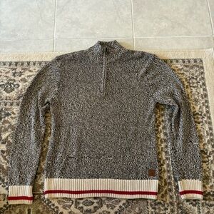 GENUINE ROOTS CABIN heather gray quarter zip sweater with red and cream trim